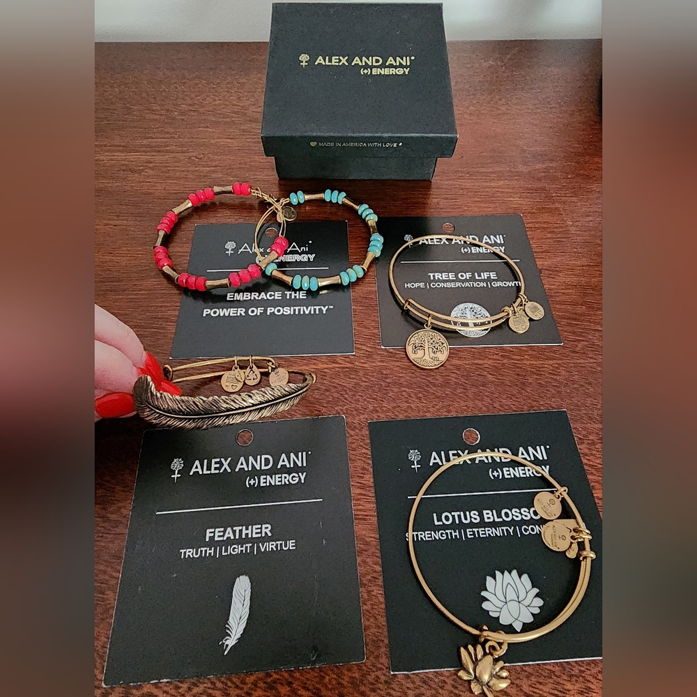 Alex And Ani Gold 5 Bundle w Box And Cards: Lotus, Feather, Tree of Life, Beads